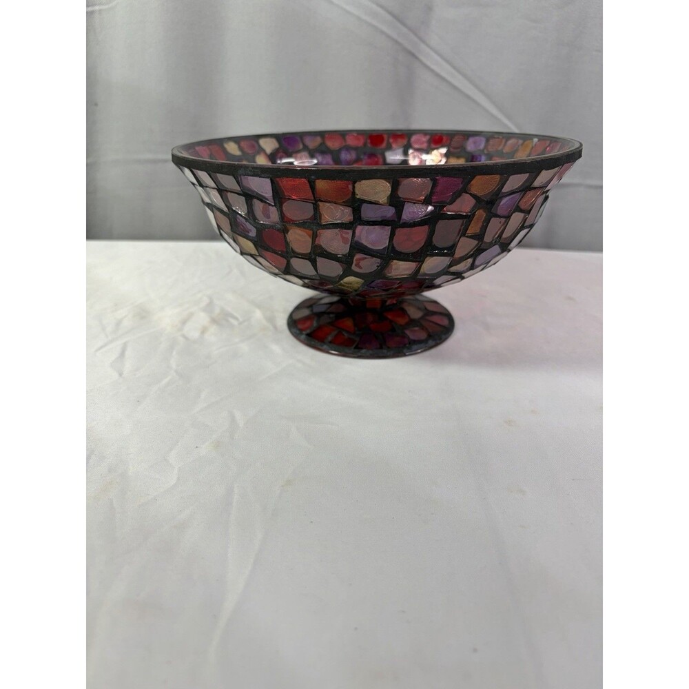 Vintage Red and Amber Glass Mosaic Footed Bowl 8.5” X 4 1/2"reflects The light